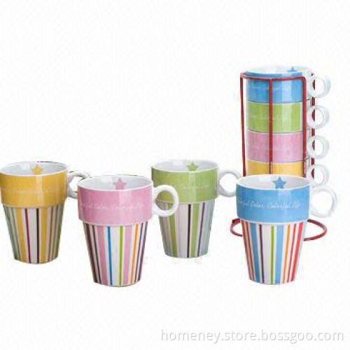 Conical ceramic mugs with decal decoration